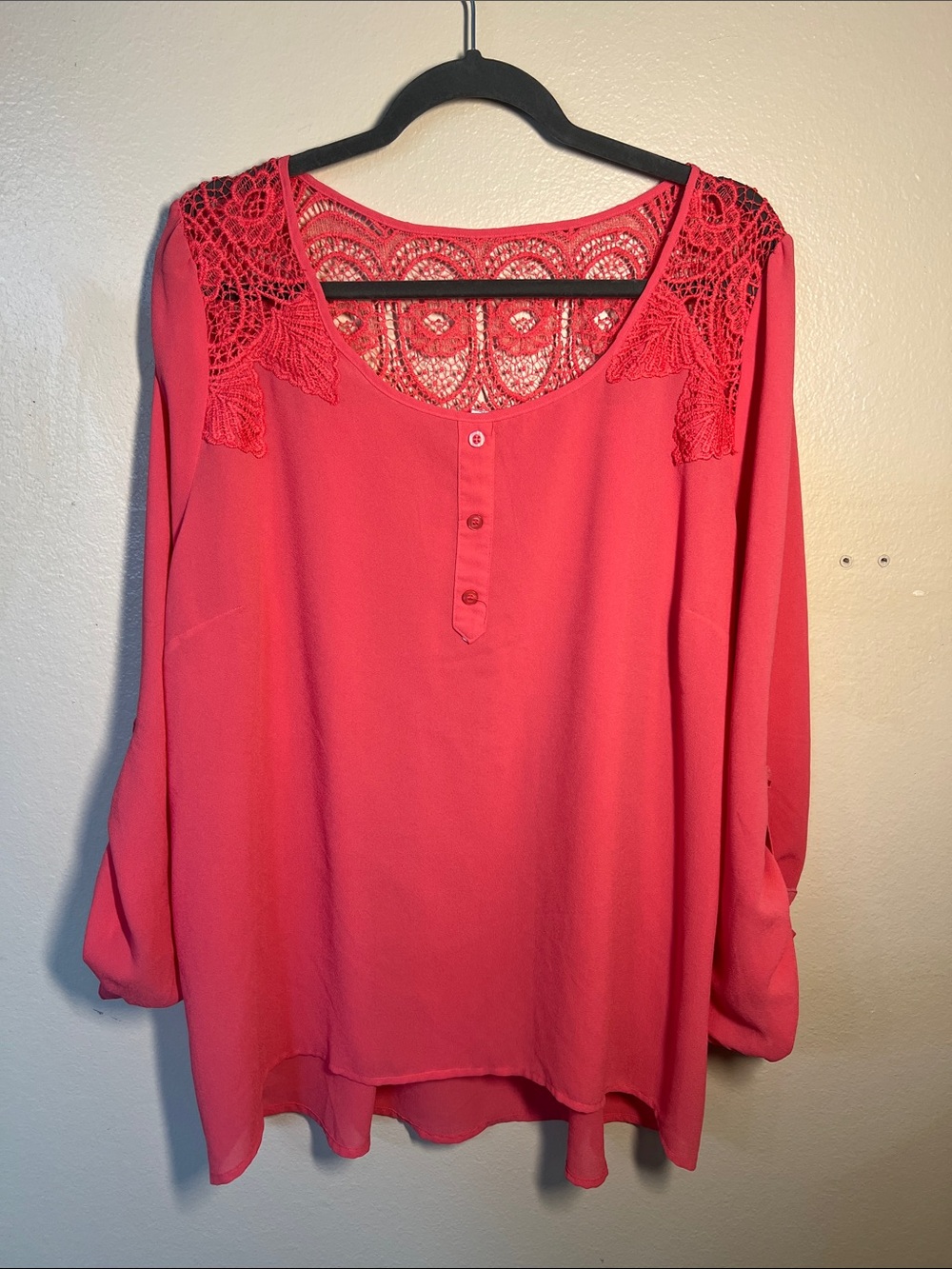 Lace-Yoke Coral Tunic Blouse
